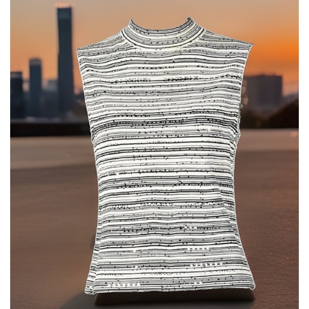 St. John Size Medium Sequin Textured Stripe Knit Sleeveless Mock Neck Tank Top